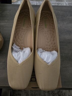 Tan Knit Block Heel Pumps